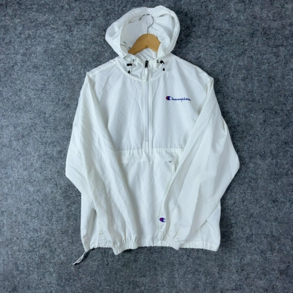 Champion Windbreaker Jacket Mens Small White Half-Zip Hooded Water Resistant